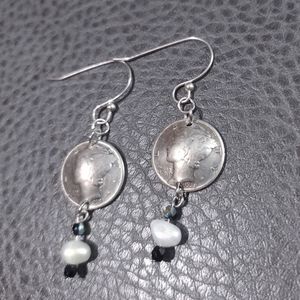 Vintage Handmade Domed Mercury Dimes Pearl Bead Earrings
